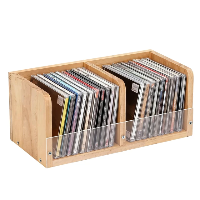 Alt view image 2 of 7 - CD Holder Retro CD Rack Organizer, Wooden CD Holder Stand, CD Storage Rack, Game Disc Display CD Organizer Desk Stand Protection Storage Cube for Theatre Room Collectible(No assembly required)