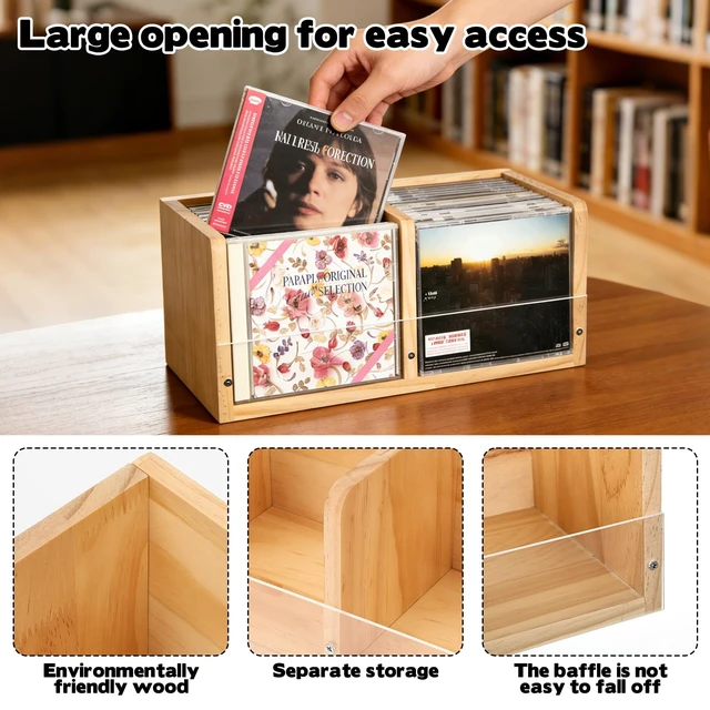 Alt view image 4 of 7 - CD Holder Retro CD Rack Organizer, Wooden CD Holder Stand, CD Storage Rack, Game Disc Display CD Organizer Desk Stand Protection Storage Cube for Theatre Room Collectible(No assembly required)