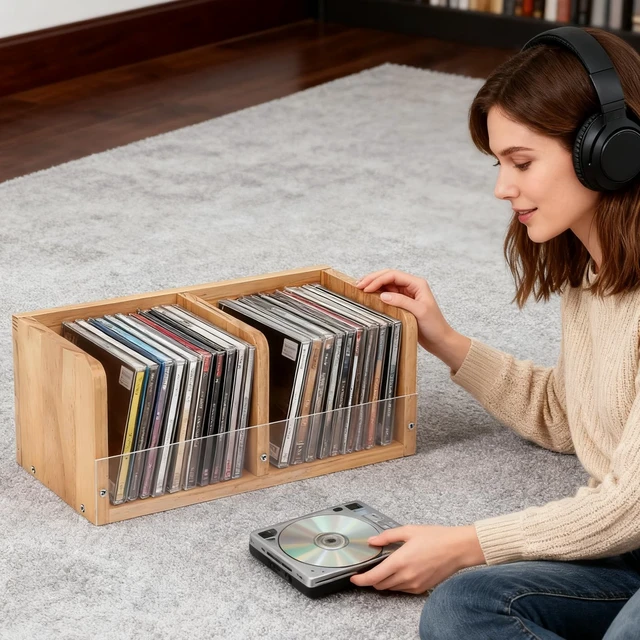 Alt view image 7 of 7 - CD Holder Retro CD Rack Organizer, Wooden CD Holder Stand, CD Storage Rack, Game Disc Display CD Organizer Desk Stand Protection Storage Cube for Theatre Room Collectible(No assembly required)