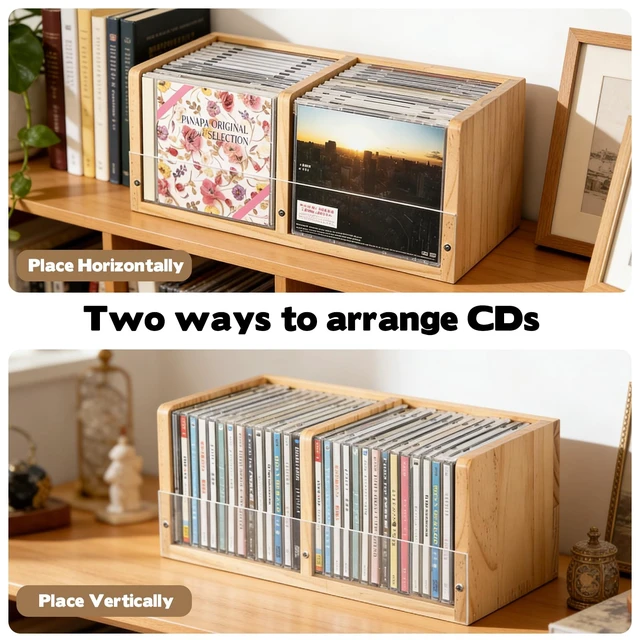 Alt view image 5 of 7 - CD Holder Retro CD Rack Organizer, Wooden CD Holder Stand, CD Storage Rack, Game Disc Display CD Organizer Desk Stand Protection Storage Cube for Theatre Room Collectible(No assembly required)