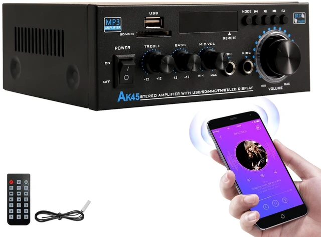 Main image of AK45 Bluetooth Amplifier for Home Audio, Stereo Receiver 2 Channel Amp (Max 300W/RMS 40W) with Bluetooth 5.0, FM Radio, USB/SD Card, Mic Input for Home Karaoke, Remote Control(Deep Black)