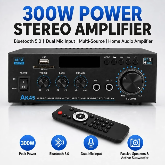 Alt view image 2 of 7 - AK45 Bluetooth Amplifier for Home Audio, Stereo Receiver 2 Channel Amp (Max 300W/RMS 40W) with Bluetooth 5.0, FM Radio, USB/SD Card, Mic Input for Home Karaoke, Remote Control(Deep Black)