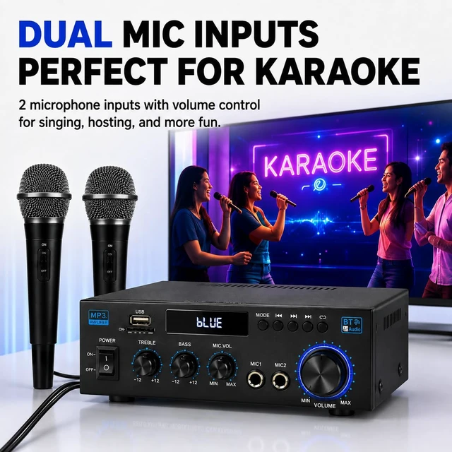 Alt view image 4 of 7 - AK45 Bluetooth Amplifier for Home Audio, Stereo Receiver 2 Channel Amp (Max 300W/RMS 40W) with Bluetooth 5.0, FM Radio, USB/SD Card, Mic Input for Home Karaoke, Remote Control(Deep Black)