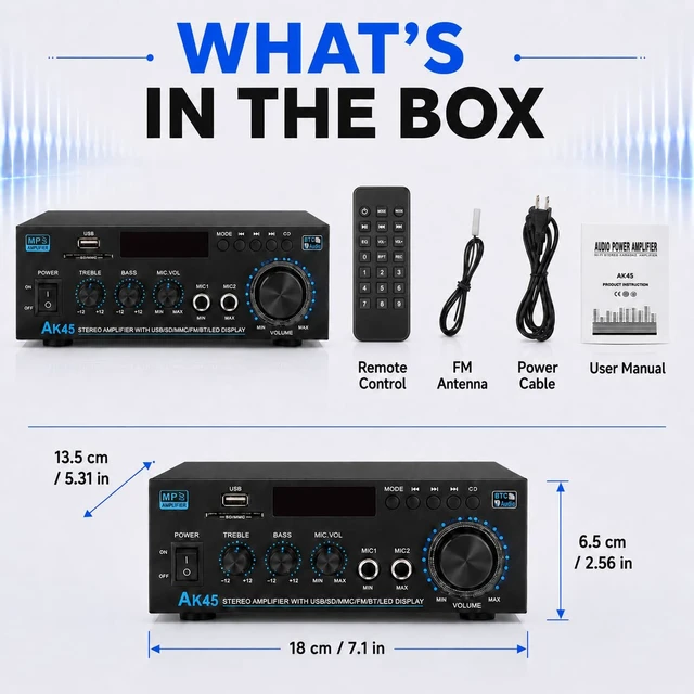 Alt view image 7 of 7 - AK45 Bluetooth Amplifier for Home Audio, Stereo Receiver 2 Channel Amp (Max 300W/RMS 40W) with Bluetooth 5.0, FM Radio, USB/SD Card, Mic Input for Home Karaoke, Remote Control(Deep Black)