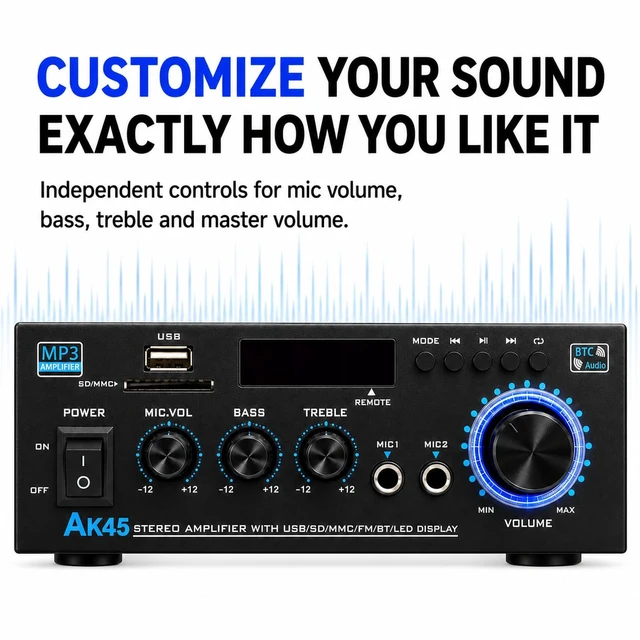 Alt view image 5 of 7 - AK45 Bluetooth Amplifier for Home Audio, Stereo Receiver 2 Channel Amp (Max 300W/RMS 40W) with Bluetooth 5.0, FM Radio, USB/SD Card, Mic Input for Home Karaoke, Remote Control(Deep Black)