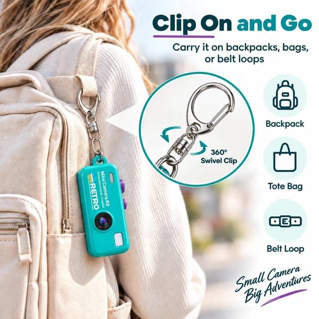 Alt view image 7 of 7 - 1080P Keychain Camera with 8GB Card, Retro 2MP Mini Digicam Built-in 12 Filters and 16X Zoom, Rechargeable Battery, Ideal Gifts for Teens & Adult Beginners (Mint)