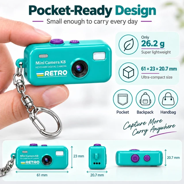 Alt view image 3 of 7 - 1080P Keychain Camera with 8GB Card, Retro 2MP Mini Digicam Built-in 12 Filters and 16X Zoom, Rechargeable Battery, Ideal Gifts for Teens & Adult Beginners (Mint)