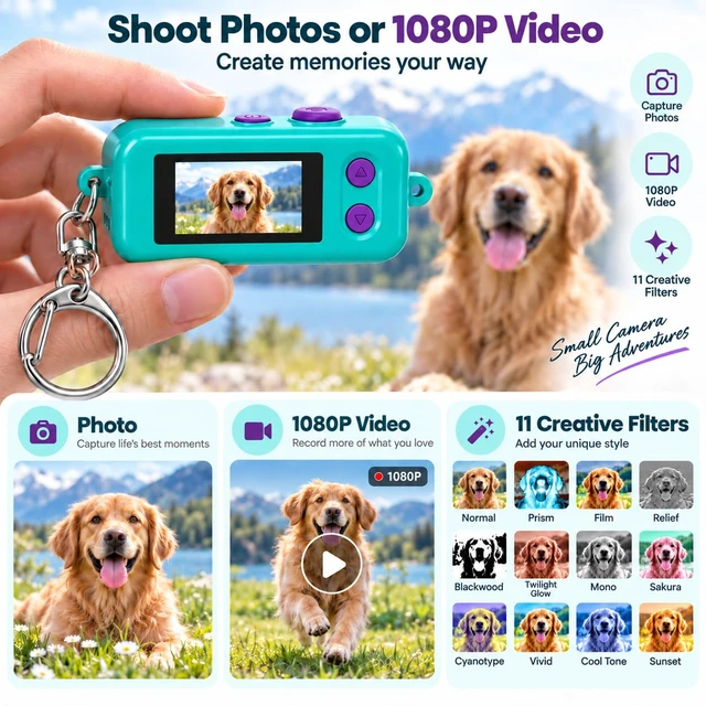Alt view image 2 of 7 - 1080P Keychain Camera with 8GB Card, Retro 2MP Mini Digicam Built-in 12 Filters and 16X Zoom, Rechargeable Battery, Ideal Gifts for Teens & Adult Beginners (Mint)