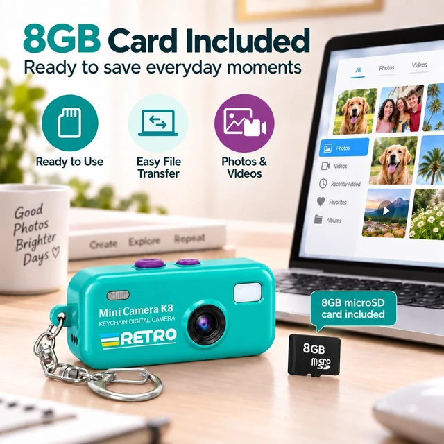Alt view image 6 of 7 - 1080P Keychain Camera with 8GB Card, Retro 2MP Mini Digicam Built-in 12 Filters and 16X Zoom, Rechargeable Battery, Ideal Gifts for Teens & Adult Beginners (Mint)