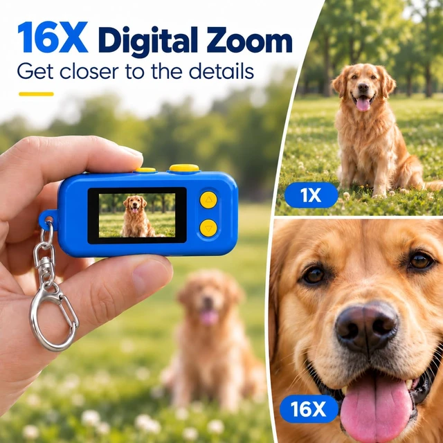 Alt view image 5 of 7 - 1080P Keychain Camera with 8GB Card, Retro 2MP Mini Digicam Built-in 12 Filters and 16X Zoom, Rechargeable Battery, Ideal Gifts for Teens & Adult Beginners (Dark Blue)