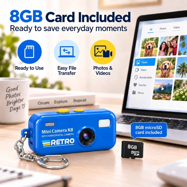 Alt view image 6 of 7 - 1080P Keychain Camera with 8GB Card, Retro 2MP Mini Digicam Built-in 12 Filters and 16X Zoom, Rechargeable Battery, Ideal Gifts for Teens & Adult Beginners (Dark Blue)