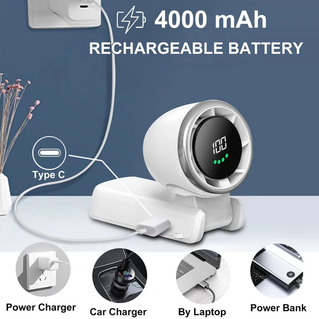 Alt view image 7 of 7 - Portable Handheld Turbo Fan, Stepless 100 Gear Wind,4000mAh Rechargeable,Up to 12 Working Hours,3 IN 1 Hand /Desk/Neck Fan with Air Turbo Tech Cooling Fan for Outdoor Activities,Travel,Working-White
