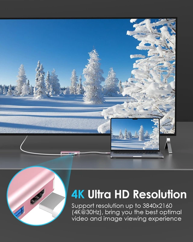 Alt view image 3 of 7 - 6-in-1 USB-C Hub, 2 USB3.0, 4K@30Hz, Ethernet, Card Reader, 100W PD Ideal for Work & Study, Stable Driver 3.0 Certified, Compatible with macOS, iOS/iPadOS, Windows & ChromeOS (C68, Rose Gold)