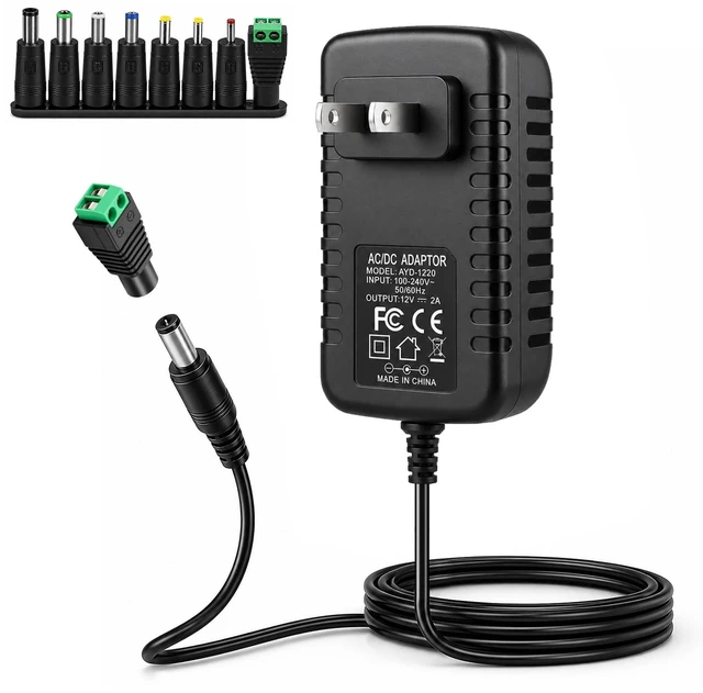 Main image of 12V 2A Power Supply Adapter, 24W AC to DC Universal Adapter with 8 DC Tips (5.5×2.1mm), Replacement for LED Strip Lights, Router, DVR and Other 12V Devices