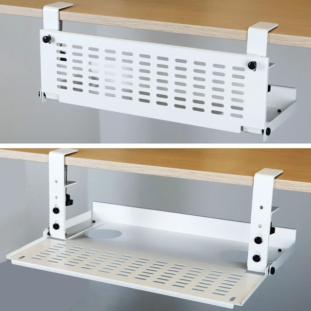 Main image of Universal Under Desk Cable Management Tray-Clamp Mount Hinged Swing Modesty Panel Organizer for Office Desks Easy Access Flip-Down position Power Strip Cord Storage No-Drill 25 lb Capacity White