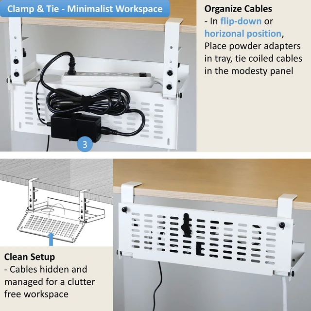 Alt view image 3 of 7 - Universal Under Desk Cable Management Tray-Clamp Mount Hinged Swing Modesty Panel Organizer for Office Desks Easy Access Flip-Down position Power Strip Cord Storage No-Drill 25 lb Capacity White
