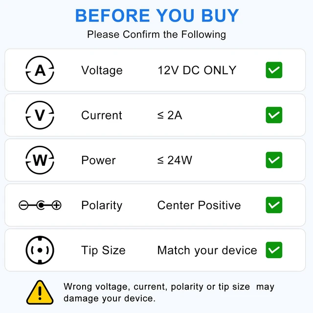 Alt view image 7 of 7 - 12V 2A Power Supply Adapter, 24W AC to DC Universal Adapter with 8 DC Tips (5.5×2.1mm), Replacement for LED Strip Lights, Router, DVR and Other 12V Devices
