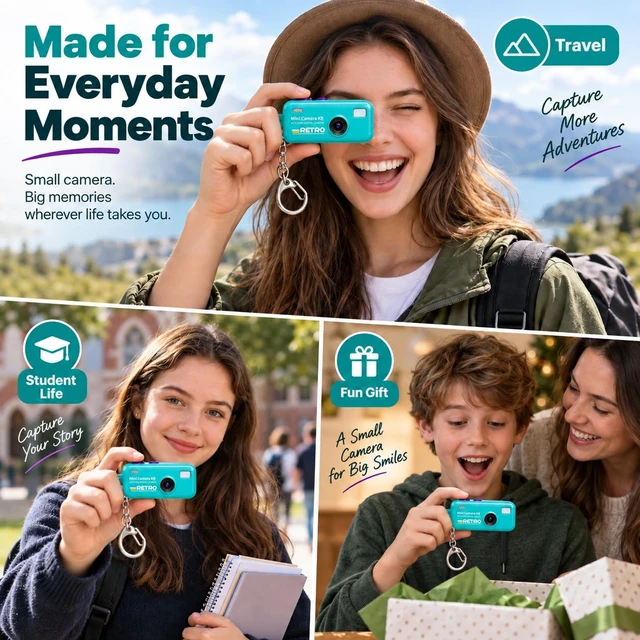 Alt view image 4 of 7 - 1080P Keychain Camera with 8GB Card, Retro 2MP Mini Digicam Built-in 12 Filters and 16X Zoom, Rechargeable Battery, Ideal Gifts for Teens & Adult Beginners (Mint)