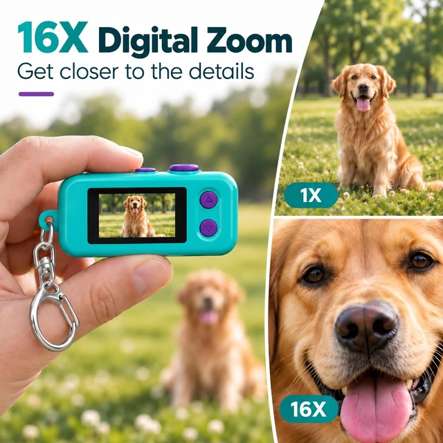 Alt view image 5 of 7 - 1080P Keychain Camera with 8GB Card, Retro 2MP Mini Digicam Built-in 12 Filters and 16X Zoom, Rechargeable Battery, Ideal Gifts for Teens & Adult Beginners (Mint)