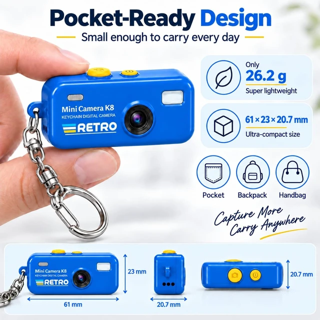 Alt view image 3 of 7 - 1080P Keychain Camera with 8GB Card, Retro 2MP Mini Digicam Built-in 12 Filters and 16X Zoom, Rechargeable Battery, Ideal Gifts for Teens & Adult Beginners (Dark Blue)