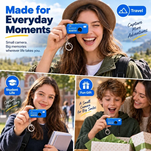 Alt view image 4 of 7 - 1080P Keychain Camera with 8GB Card, Retro 2MP Mini Digicam Built-in 12 Filters and 16X Zoom, Rechargeable Battery, Ideal Gifts for Teens & Adult Beginners (Dark Blue)