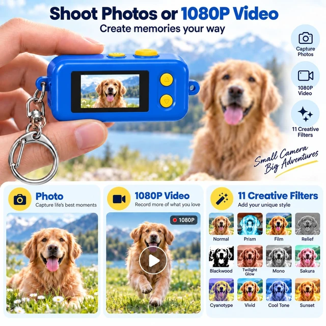 Alt view image 2 of 7 - 1080P Keychain Camera with 8GB Card, Retro 2MP Mini Digicam Built-in 12 Filters and 16X Zoom, Rechargeable Battery, Ideal Gifts for Teens & Adult Beginners (Dark Blue)