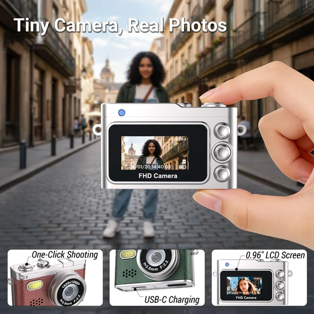 Alt view image 5 of 7 - Mini Digital Camera with 0.96 in LCD Screen 1080P 8GB Card Feel of Old 90s Photographs, Keychain Size, Birthday Gifts (White)