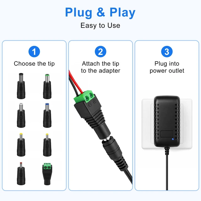 Alt view image 6 of 7 - 12V 2A Power Supply Adapter, 24W AC to DC Universal Adapter with 8 DC Tips (5.5×2.1mm), Replacement for LED Strip Lights, Router, DVR and Other 12V Devices