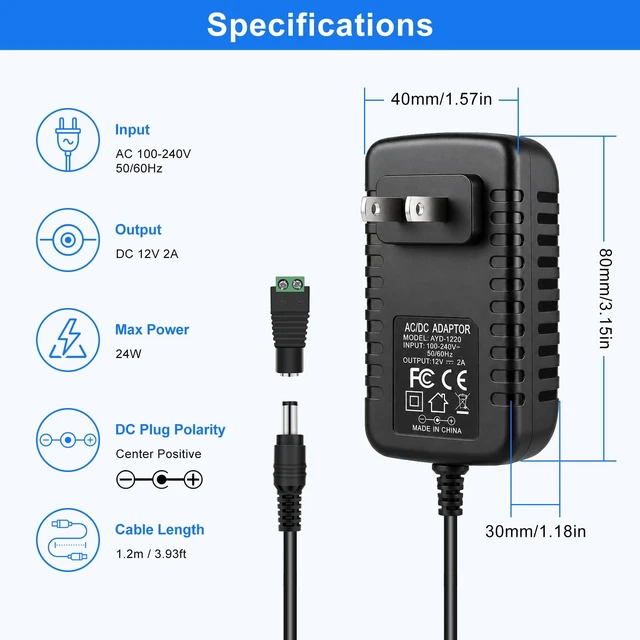 Alt view image 2 of 7 - 12V 2A Power Supply Adapter, 24W AC to DC Universal Adapter with 8 DC Tips (5.5×2.1mm), Replacement for LED Strip Lights, Router, DVR and Other 12V Devices
