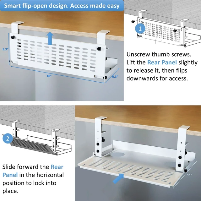 Alt view image 2 of 7 - Universal Under Desk Cable Management Tray-Clamp Mount Hinged Swing Modesty Panel Organizer for Office Desks Easy Access Flip-Down position Power Strip Cord Storage No-Drill 25 lb Capacity White