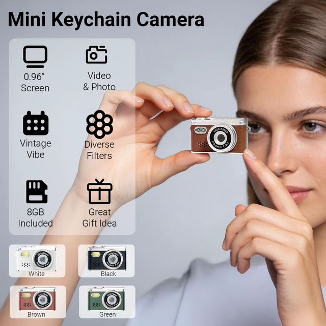 Alt view image 2 of 7 - Mini Digital Camera with 0.96 in LCD Screen 1080P 8GB Card Feel of Old 90s Photographs, Keychain Size, Birthday Gifts (White)