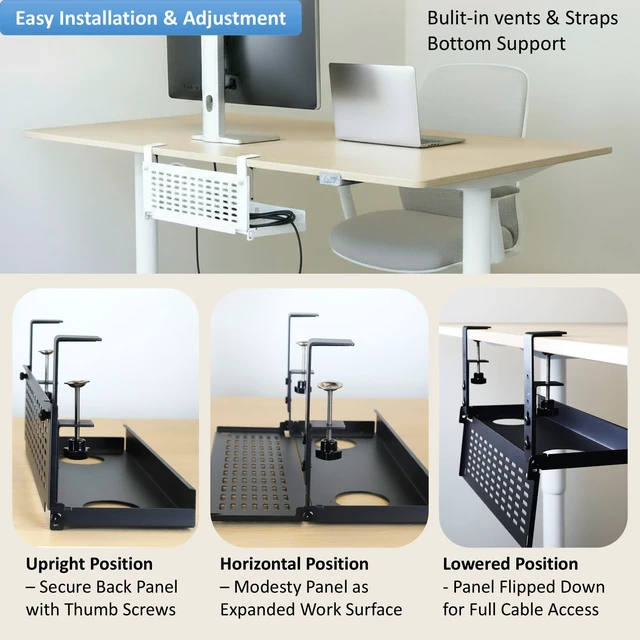 Alt view image 5 of 7 - Universal Under Desk Cable Management Tray-Clamp Mount Hinged Swing Modesty Panel Organizer for Office Desks Easy Access Flip-Down position Power Strip Cord Storage No-Drill 25 lb Capacity White