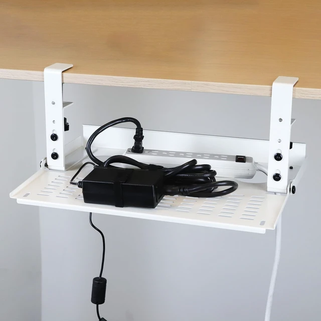 Alt view image 7 of 7 - Universal Under Desk Cable Management Tray-Clamp Mount Hinged Swing Modesty Panel Organizer for Office Desks Easy Access Flip-Down position Power Strip Cord Storage No-Drill 25 lb Capacity White