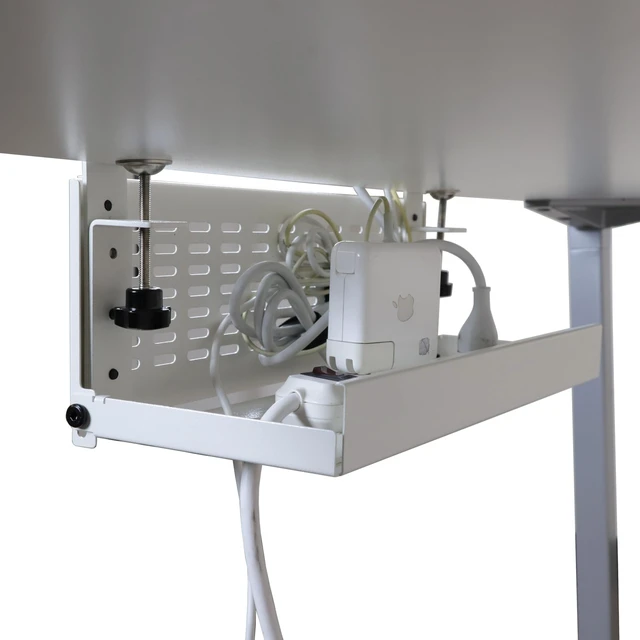 Alt view image 6 of 7 - Universal Under Desk Cable Management Tray-Clamp Mount Hinged Swing Modesty Panel Organizer for Office Desks Easy Access Flip-Down position Power Strip Cord Storage No-Drill 25 lb Capacity White