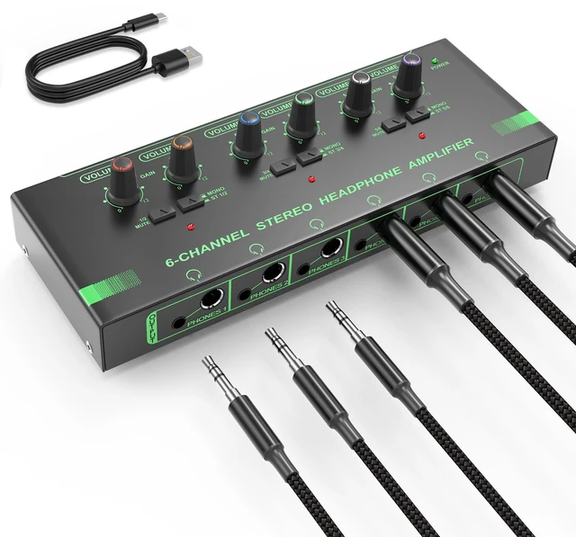 Main image of 6 Channels Headphone Amplifier Independent Volume Control, Compact Mini Earphone Splitter, Stereo/Mono Switch, Compatible with 1/4" & 1/8" TS/TRS