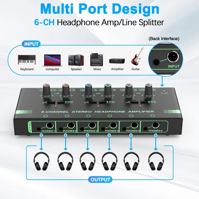 Alt view image 5 of 7 - 6 Channels Headphone Amplifier Independent Volume Control, Compact Mini Earphone Splitter, Stereo/Mono Switch, Compatible with 1/4" & 1/8" TS/TRS