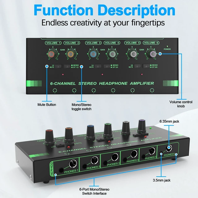 Alt view image 3 of 7 - 6 Channels Headphone Amplifier Independent Volume Control, Compact Mini Earphone Splitter, Stereo/Mono Switch, Compatible with 1/4" & 1/8" TS/TRS