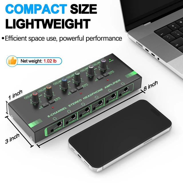 Alt view image 7 of 7 - 6 Channels Headphone Amplifier Independent Volume Control, Compact Mini Earphone Splitter, Stereo/Mono Switch, Compatible with 1/4" & 1/8" TS/TRS