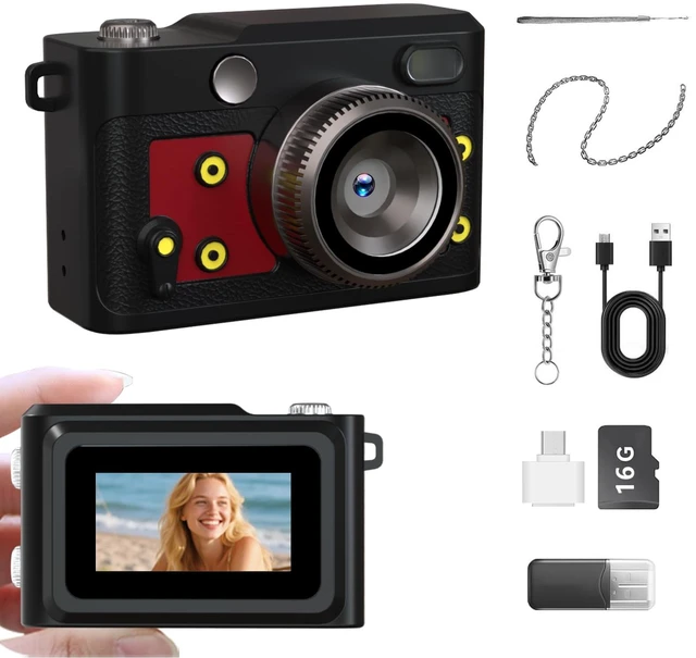 Main image of Mini Retro Keychain Camera - 1080P FHD Tiny Digital Camera with 2MP Lens, 0.96" Screen & OTG Adapter with 16GB Card, Vintage Compact Camera Gift for Birthdays,Beginners,Kids (Red)