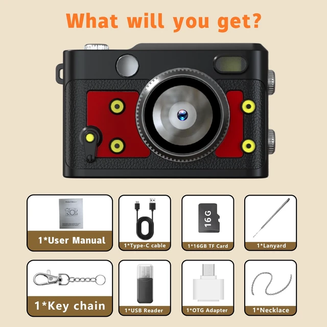Alt view image 7 of 7 - Mini Retro Keychain Camera - 1080P FHD Tiny Digital Camera with 2MP Lens, 0.96" Screen & OTG Adapter with 16GB Card, Vintage Compact Camera Gift for Birthdays,Beginners,Kids (Red)
