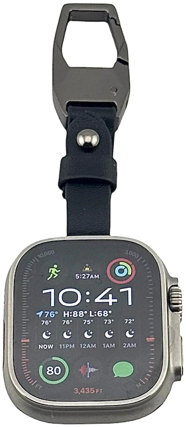 Main image of Clip Keychain with Leather Strap compatible with Apple Watch 42/44/45/49mm Carabiner Clip, Attaches to Belt Loop, Black Finish, Bag & Purse Compatible
