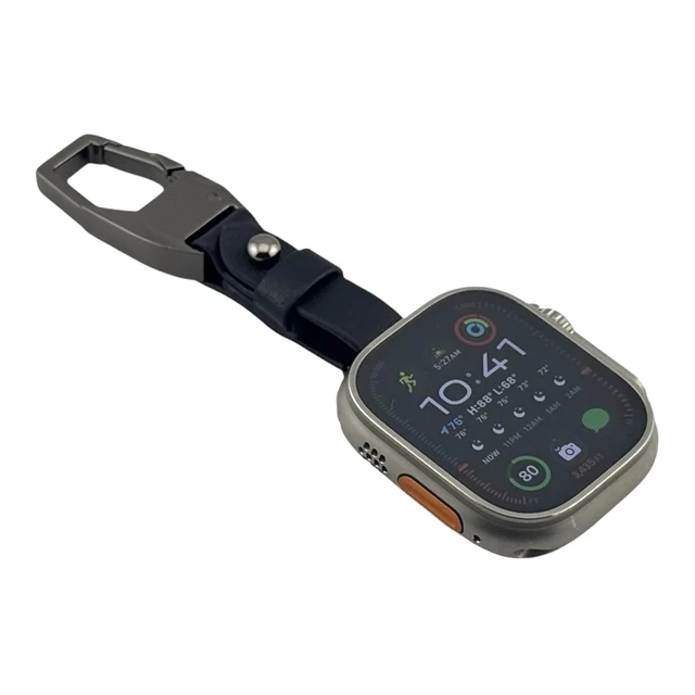 Alt view image 4 of 6 - Clip Keychain with Leather Strap compatible with Apple Watch 42/44/45/49mm Carabiner Clip, Attaches to Belt Loop, Black Finish, Bag & Purse Compatible