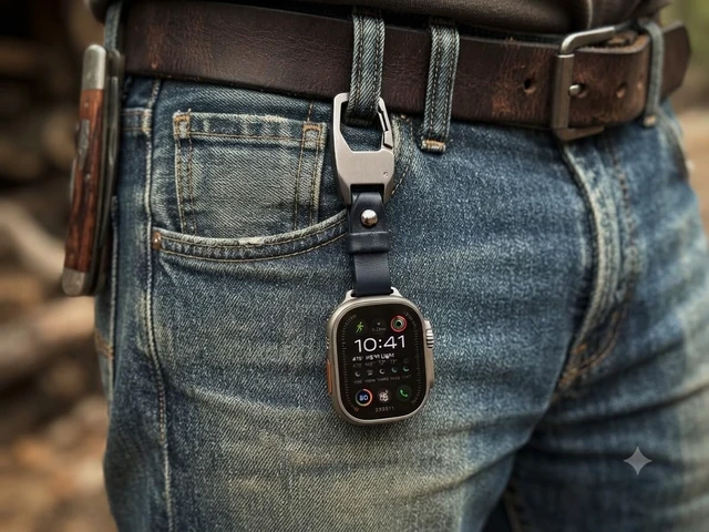 Alt view image 6 of 6 - Clip Keychain with Leather Strap compatible with Apple Watch 42/44/45/49mm Carabiner Clip, Attaches to Belt Loop, Black Finish, Bag & Purse Compatible