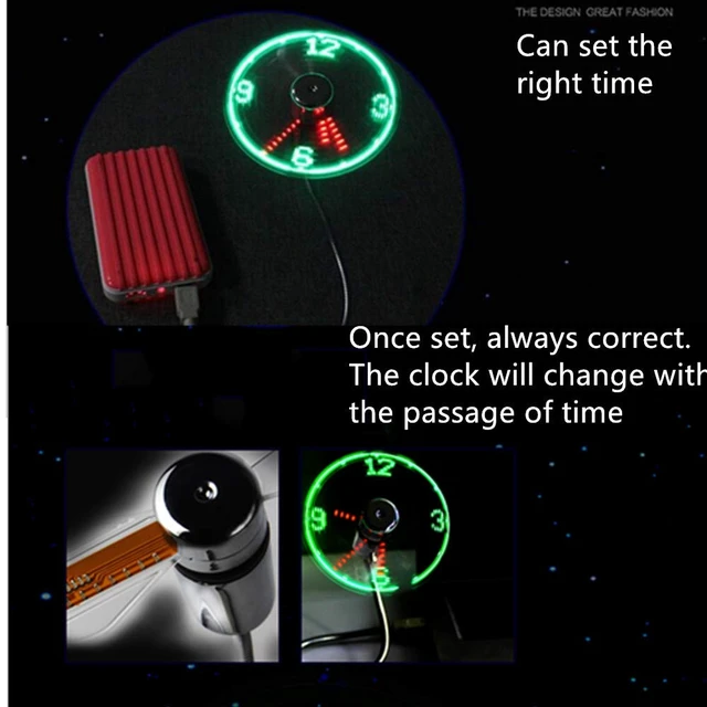 Alt view image 2 of 7 - DECVO USB LED Clock Fan 90mm USB-Powered Portable Mobile USB Fan with Clock, LED Light Time (2 PACK)