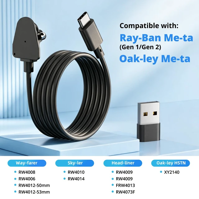 Alt view image 2 of 6 - USB C Charging Cable Compatible with Ray Ban Meta Glasses Gen 1 and Gen 2 (2 Pack), 3.3FT Power Cord for Oakley HSTN Wayfarer Skyler Headliner Scriber Charger Adapter