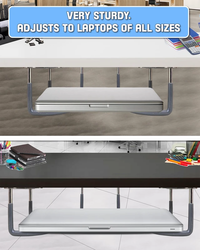 Alt view image 3 of 7 - 3 Under Desk Laptop Mount, Metal Anti Scratch Holder with Screws 2.7 x 2.2 x 1.9 In, Shelf for Keyboard Tablet Storage, Rubberized Bracket, Fits Devices up to 40mm Thick, Desk Organizer