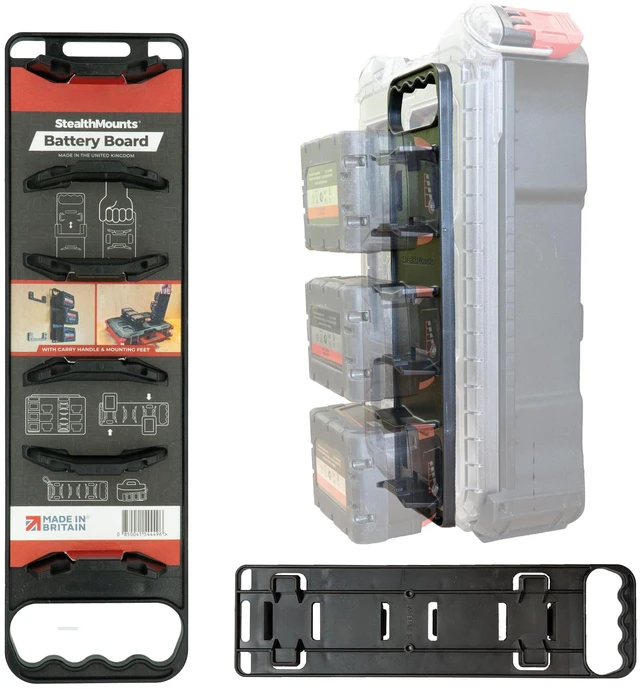 Main image of Battery Holder for Packout Compatible with Milwaukee M18 Batteries Battery Board w/Handle & Feet Compatible with Milwaukee Packout Made in the UK