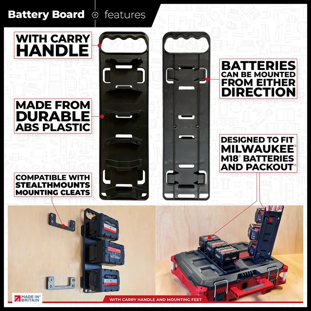 Alt view image 5 of 5 - Battery Holder for Packout Compatible with Milwaukee M18 Batteries Battery Board w/Handle & Feet Compatible with Milwaukee Packout Made in the UK