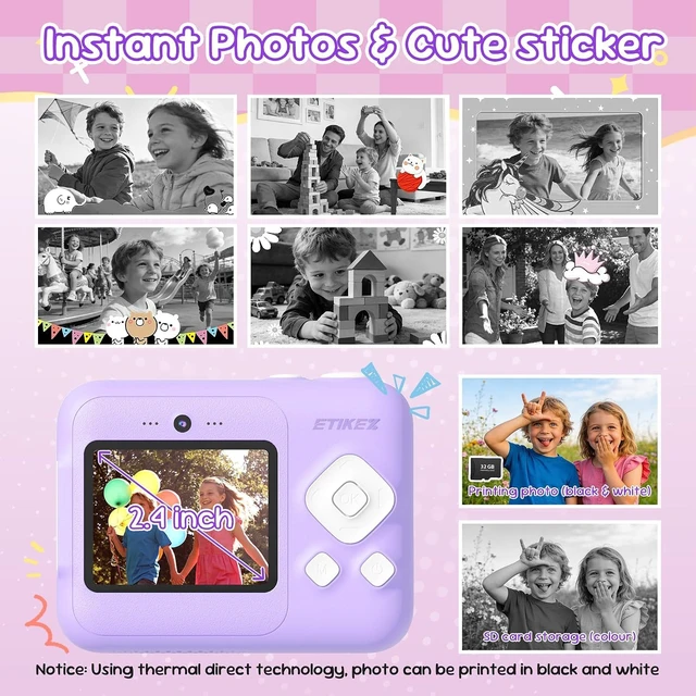 Alt view image 3 of 7 - Kids Camera Instant Print, 1080P with 32GB Card, Lavender Ideal Birthday & Christmas Gift For Boys & Girls Ages 3-12. Instant print camera with 3 rolls paper for kids Aged 3 To 12
