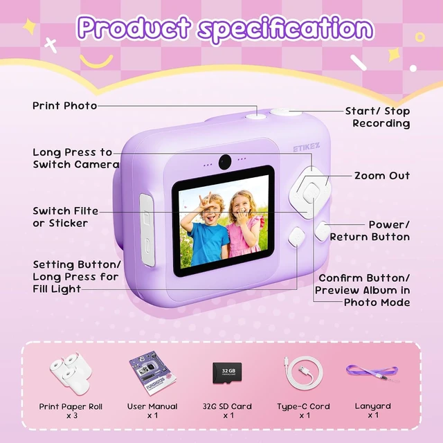 Alt view image 7 of 7 - Kids Camera Instant Print, 1080P with 32GB Card, Lavender Ideal Birthday & Christmas Gift For Boys & Girls Ages 3-12. Instant print camera with 3 rolls paper for kids Aged 3 To 12